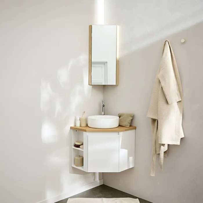 Meuble sous vasque d'angle avec vasque, robinet et armoire sorrento