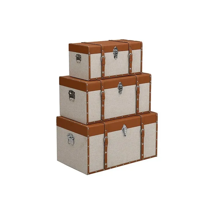 Lot de 3 malles en bois de sapin et MDF - Revêtement en simili et tissu - 3 tailles - Marron et taupe- JACINTO