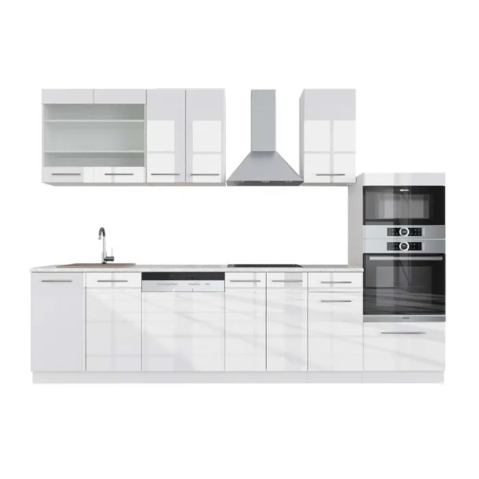 Vicco Cuisine blanc brillant/blanc 300cm avec armoire haute, PT Marbre