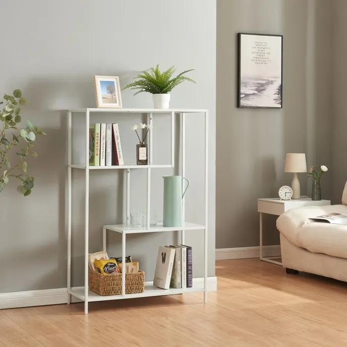 Bibliothèque à 4 niveaux Reisjärvi acier 115 x 75 x 35 cm blanc mat en.casa