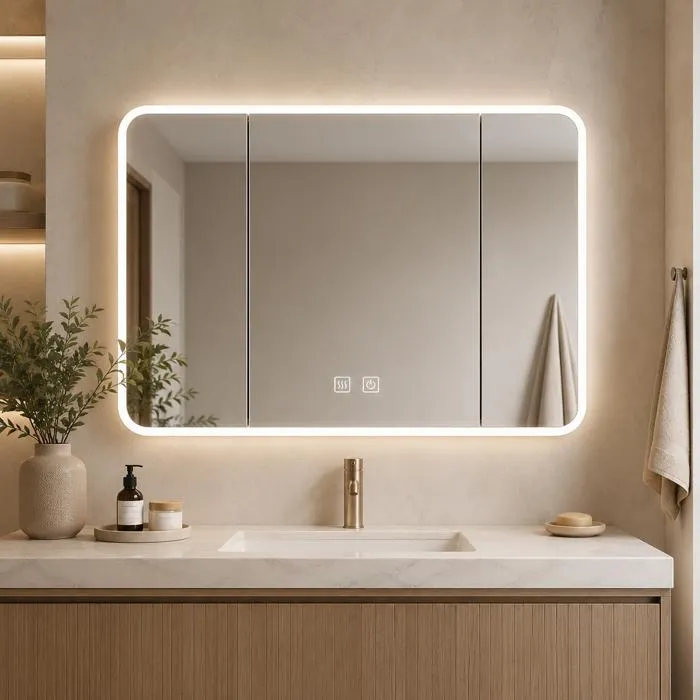 Armoire miroir LED salle de bain - 90 x 65 cm - Blanc cassé - ALEN