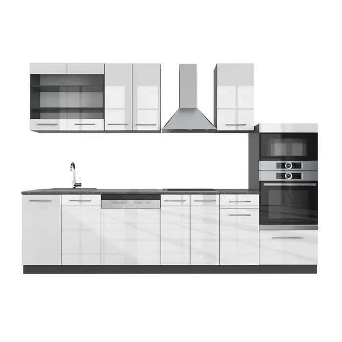 Vicco Cuisine Blanc brillant/Anthracite 300cm avec armoire haute, PT Anthracite