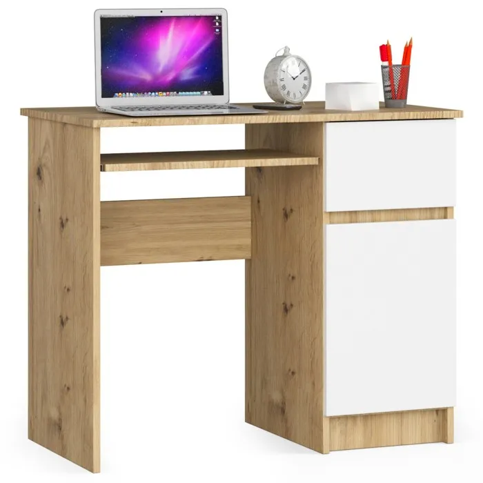 Bureau D'ordinateur Akord Droit Piksel Chêne Artisan 90 Cm 1 Porte 1 Tiroir Façade Blanche 3 Étagères 90x50x77 Cm
