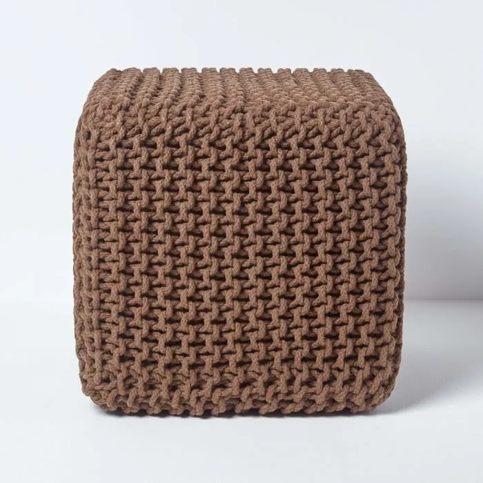 Pouf Repose-pieds En Tricot Cube Chocolat - Homescapes