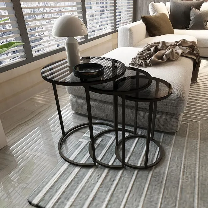 Set de 3 tables d'appoint Kyyjärvi rondes gigognes noir transparent en.casa
