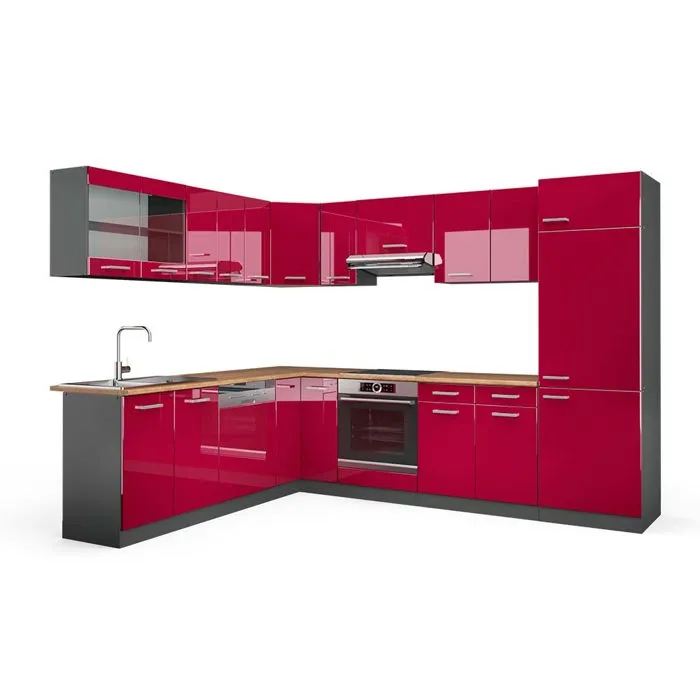 Vicco Cuisine en angle Rouge brillant/Anthracite 287 x 227 cm, PT Chêne