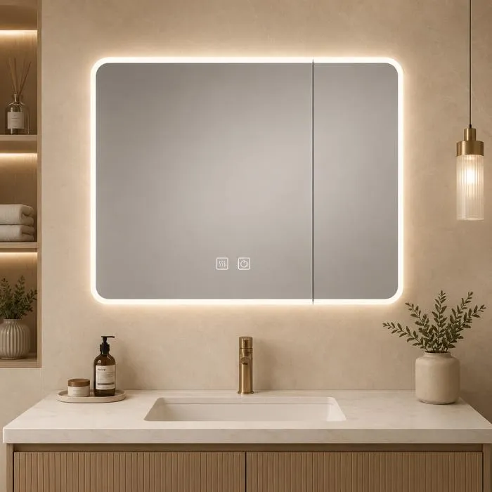 Armoire miroir LED salle de bain - 80 x 65 cm - Blanc cassé - ALEN