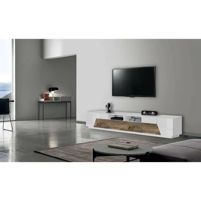 Meuble Tv Dfagiol, 260x43h46 Cm, Blanc Brillant Et Érable