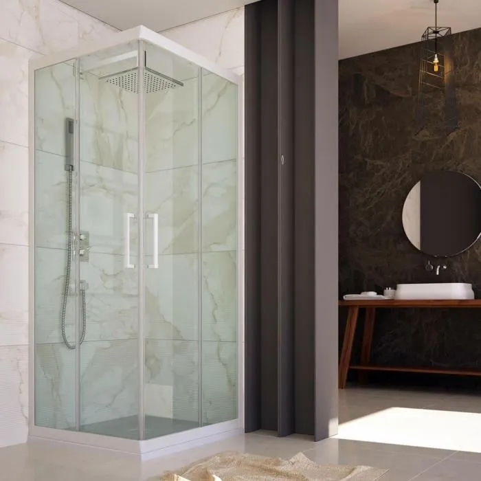 Cabine parois de douche d'angle coulissante 110x70 cm H 200 en PVC Blanc Verre Transparent mod. Lite