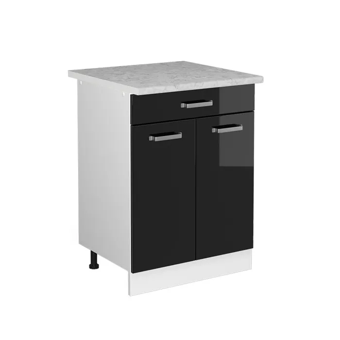 Vicco Meuble cuisine Noir Haute brillance 60cm avec tiroir, PT Marbre