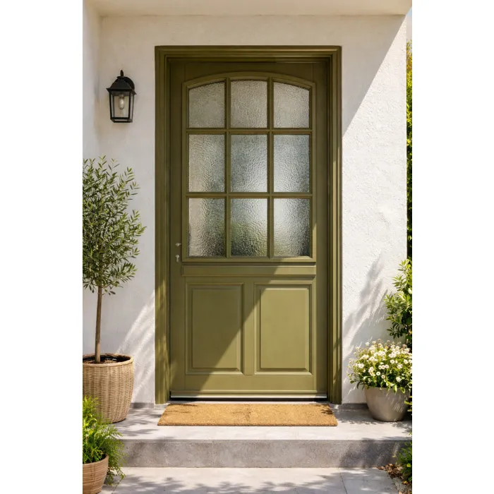 Porte D'entrée Bois Vitrée Andore Vert Gris Olive, H215 X L80 Cm Côte Tableau P.droit Gd Menuiseries