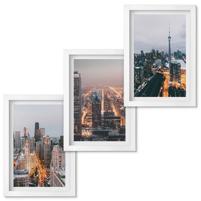 Tableaux avec Cadre Blanc Tulup 20x30 cm Trio Mural Villes la nuit, lumières des gratte-ciel