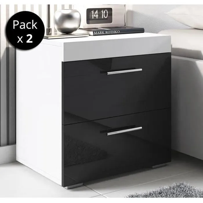 Muebles Bonitos - Lot De 2 Tables De Chevet Table De Nuit 2 Tiroirs Poignées En Aluminium 45x50x40cm Modèle Ciro Blanc Et Noir Finition Brillante