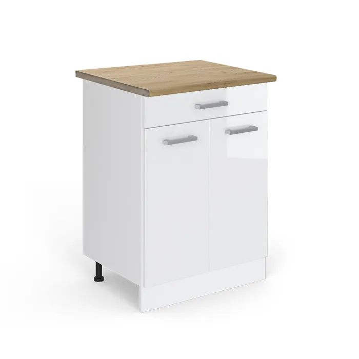 Vicco Meuble cuisine Blanc Haute brillance/Blanc 60cm avec tiroir plan de travail Chêne doré