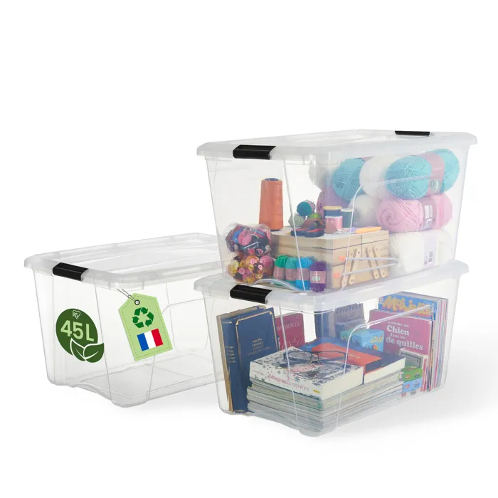 Iris Ohyama, Boite de Rangement Maison plastique recyclé, 45L, Lot de 3, Transparent, BSB-45