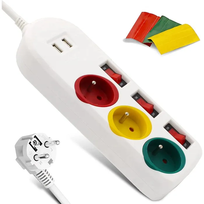 FISHTEC - Multiprise Trio Color - 3 prises avec interrupteurs + 2 ports USB - Câble 1,8 m - 3680W - ABS robuste
