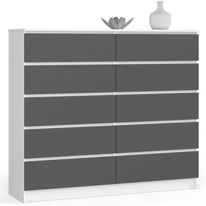 Commode AKORD K140 Blanche 138 cm 10 tiroirs façade Gris Graphite 138x40x121 cm
