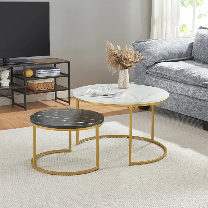 Set de 2 tables basses Christchurch rondes gigognes effet marbre blanc noir doré en.casa