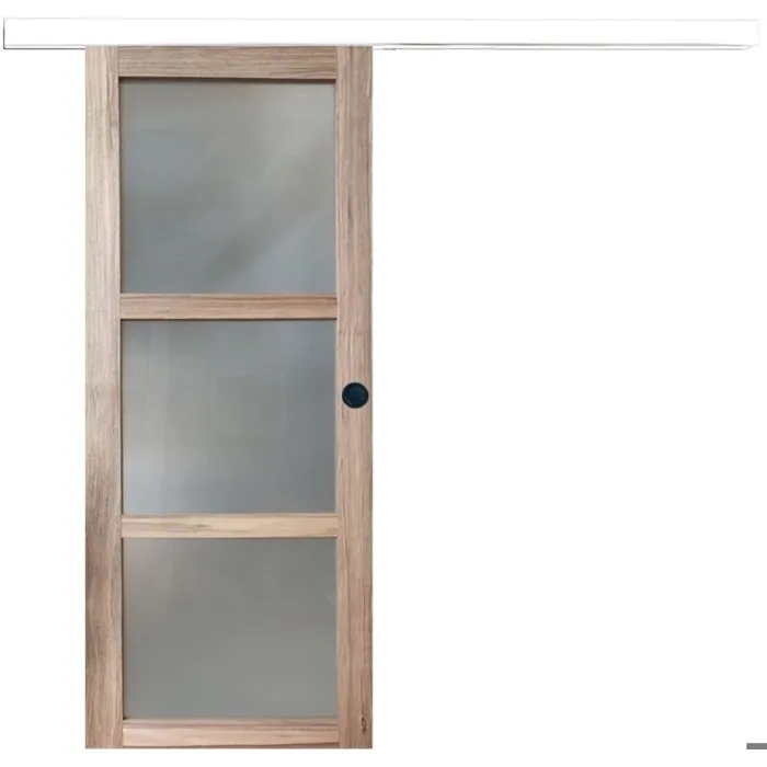 Porte Coulissante Bois Frake Vitrée H204 X L83 Cm, Rail Alu Bandeau Blanc, Coquilles Noir Gd Menuiseries