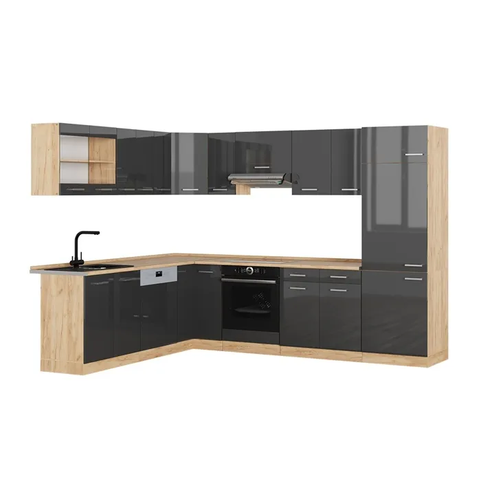 Vicco Cuisine en angle Anthracite Haute brillance/Chêne de force doré 287 x 227 cm sans PT