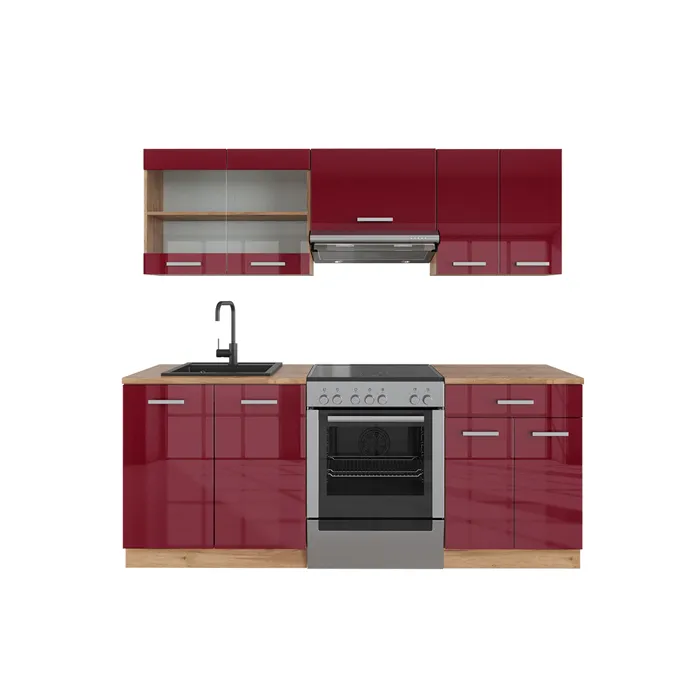 Vicco Cuisine Rouge brillant/Chêne doré 200cm sans PT