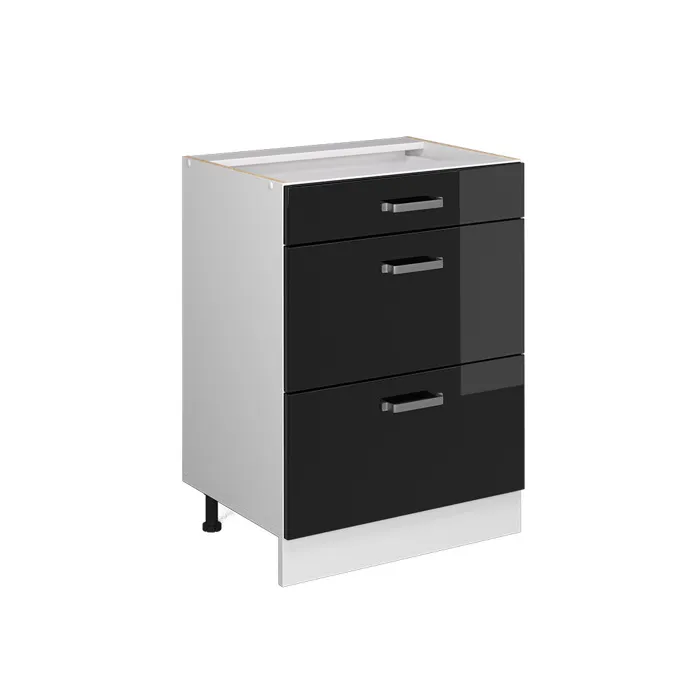 Vicco Meuble cuisine Noir Haute brillance 60cm avec tiroirs, sans PT