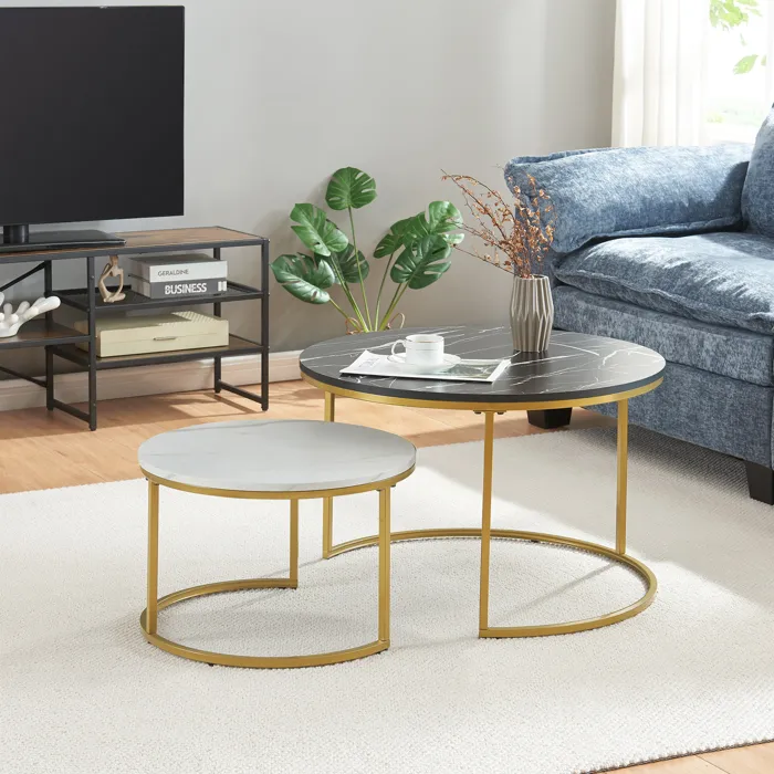 Set de 2 tables basses Christchurch rondes gigognes effet marbre noir blanc doré en.casa