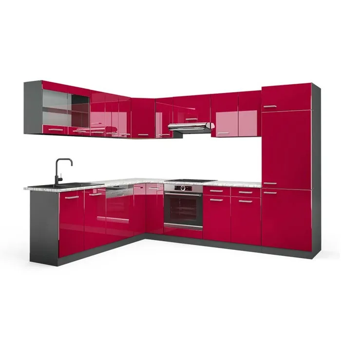 Vicco Cuisine en angle Rouge brillant/Anthracite 287 x 227 cm, PT Marbre