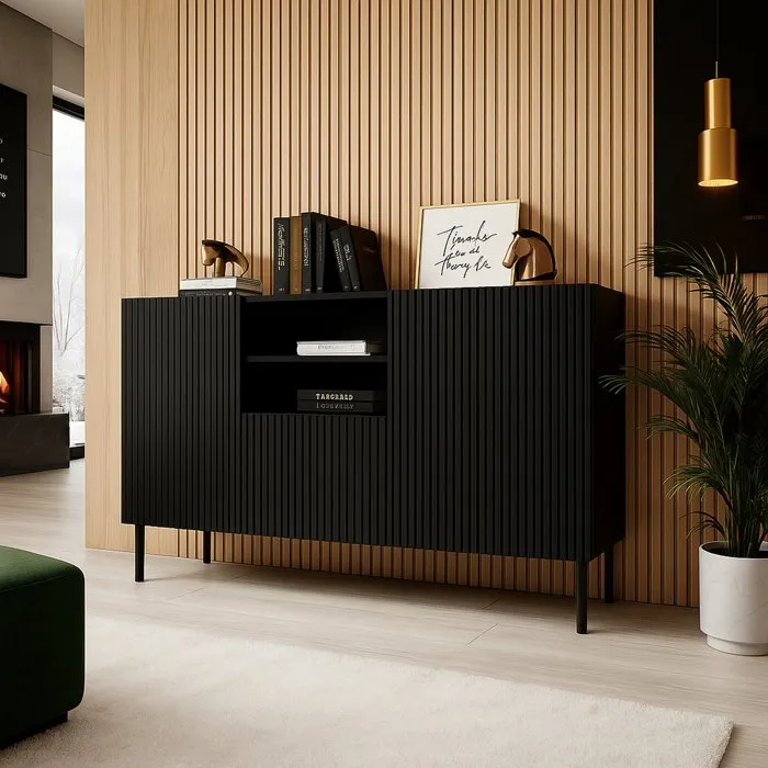 Buffet Malo, 4 étagères 150x42x82h cm Noir
