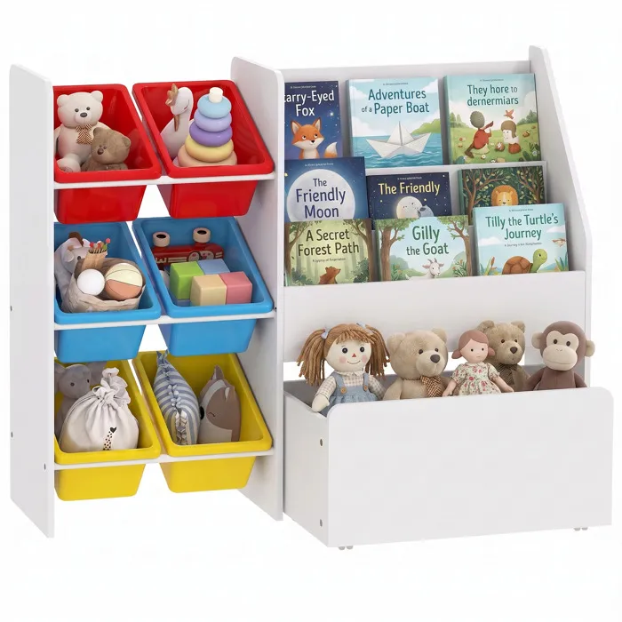 Rangement enfant 3 en 1 - structure bacs x 6, coffre à jouet, bibliothèque - multicolore