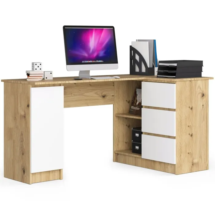 Grand Bureau D'angle Akord Droit B20 Chêne Artisan 155 Cm 1 Porte 3 Tiroirs Façade Blanche 4 Étagères 155x85x77 Cm