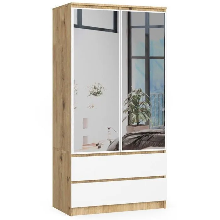 Armoire Akord S90 Chêne Artisan 90 Cm 2 Portes 2 Tiroirs Façade Blanche 4 Étagères 90x51x180 Cm
