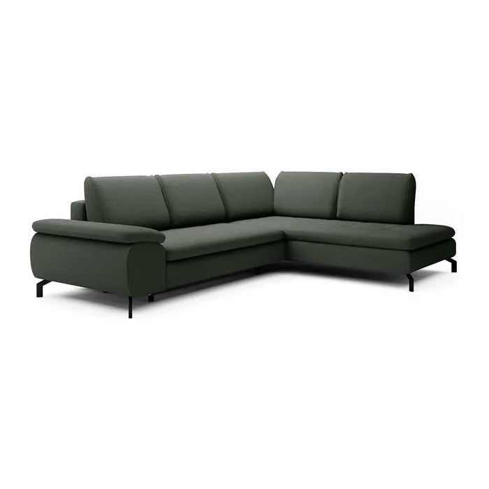Grand canapé d'angle droit convertible en tissu texturé vert ARCHIBALD