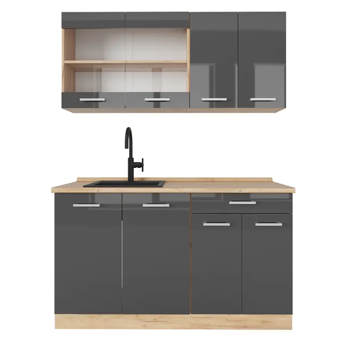 Vicco Cuisine Anthracite brillant/Chêne doré 140cm sans PT