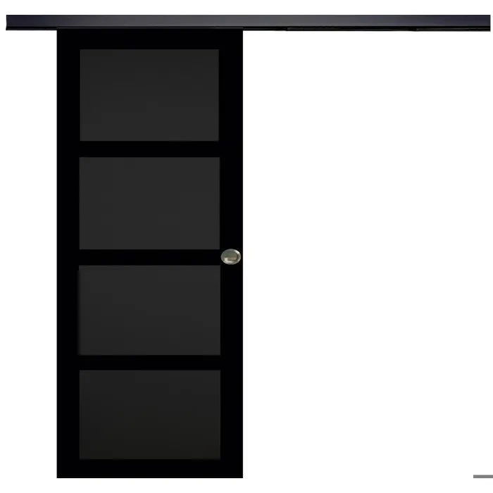 Porte Coulissante Telia Noir 4 Panneaux H204 X L73 Cm, Rail Alu Bandeau Noir, Coquilles Gd Menuiseries