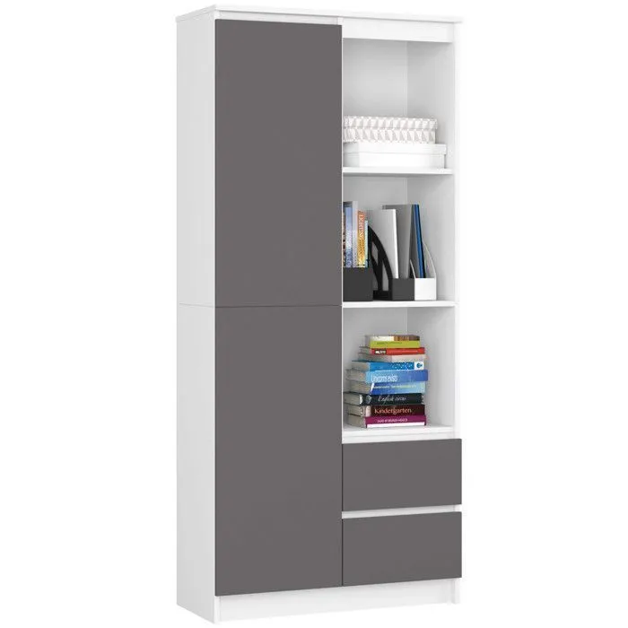 Bibliothèque De Bureau Akord R11 Blanche 80 Cm 1 Porte 2 Tiroirs Façade Gris Graphite 7 Étagères 80x35x180 Cm