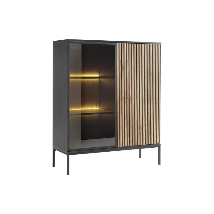 Vitrine 2 portes avec LEDs en MDF et verre fumé - Noir et Naturel - OVILA