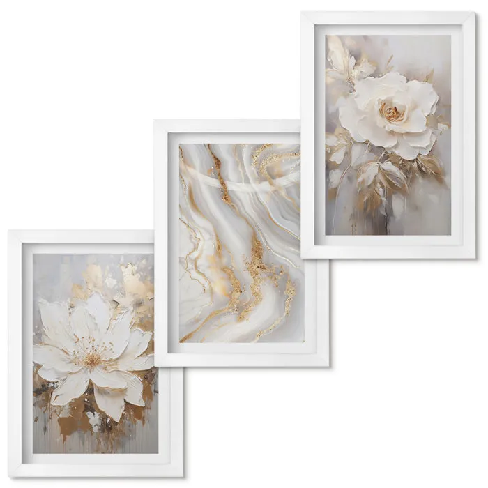 Lot de 3 Tableaux avec Cadre Blanc Tulup 20x30 cm Composition Murale Moderne pour Salon Fleurs abstraites marbre