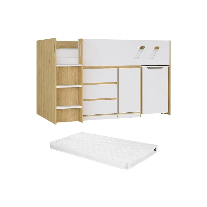 Lit combiné 90 x 190 cm avec bureau et rangements - Coloris: Naturel et blanc + Matelas - SAGITI