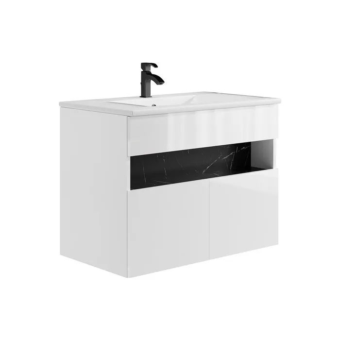 Meuble de salle de bain suspendu à LEDs avec vasque à encastrer - Blanc et noir effet marbre - L80 cm - POZEGA
