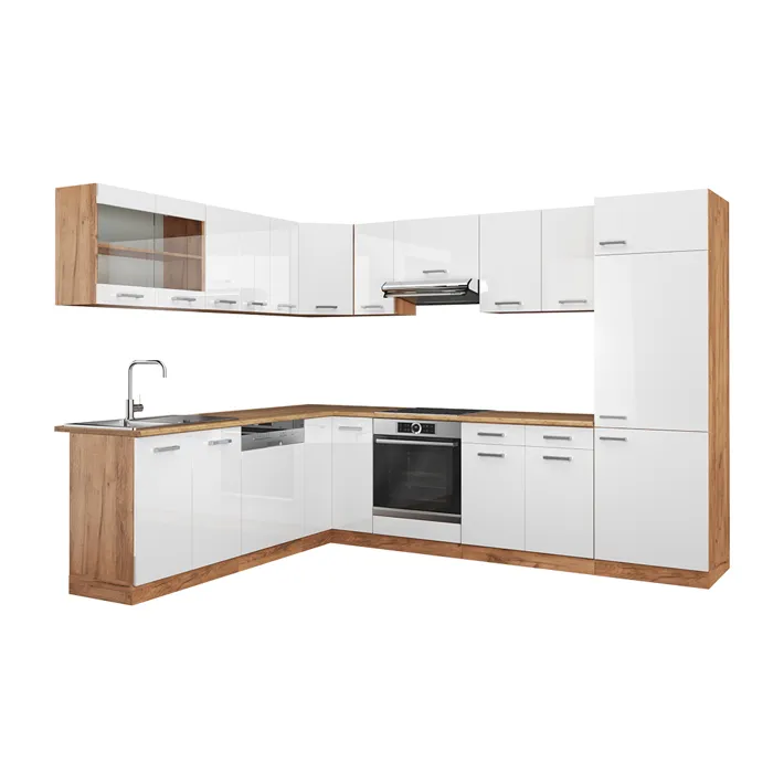 Vicco Cuisine en angle Blanc Haute brillance/Chêne de force doré 287 x 227 cm sans PT