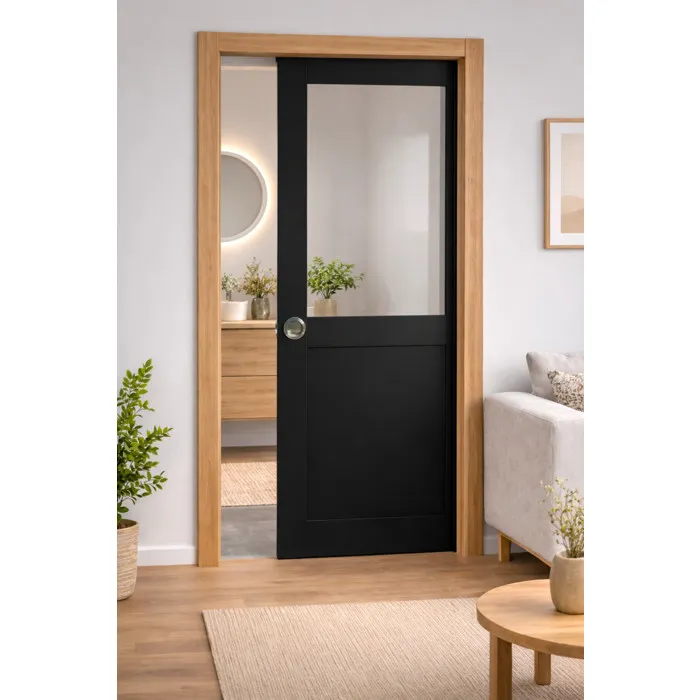 Porte Coulissante Atelier Noir H204 X L93 Cm Sans Meneau, Galandage, Kit Finition (coquille Et Tire Doigt) Gd Menuiseries