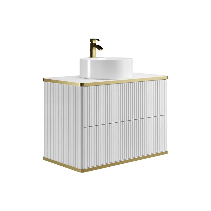 Meuble de salle de bain suspendu strié liseré doré avec vasque à poser ronde - Blanc - 80 cm - KELIZA