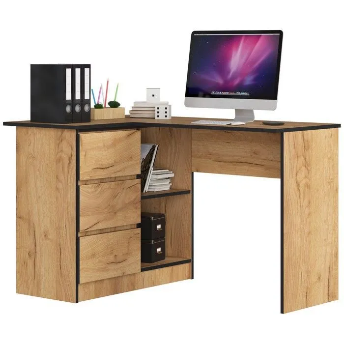 Bureau Akord D'angle Gauche B16 Chêne Craft 124 Cm 3 Tiroirs Façade Chêne Craft 2 Étagères 124x85x77 Cm