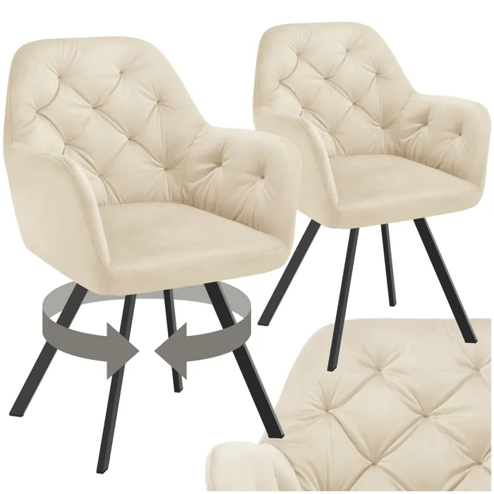 Lot 2 Fauteuils Pivotants 180° Velours Rembourrés Matelassés Crème