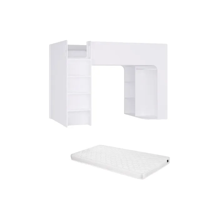 Lit mezzanine 90 x 190 cm avec rangements - Blanc - Avec matelas - COLUMI