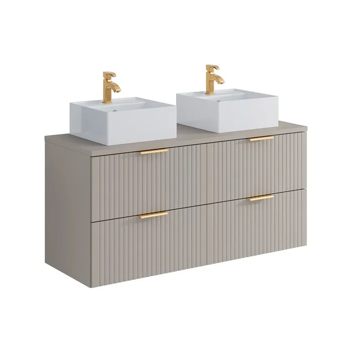 Meuble de salle de bain suspendu strié avec double vasque à poser carrée - Beige - L120 cm - ZEVARA