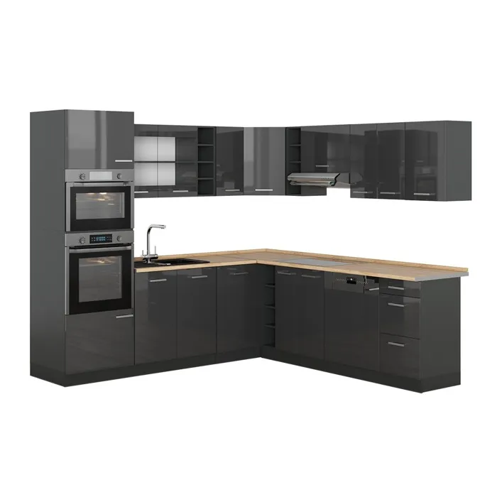 Vicco Cuisine en angle Anthracite Haute brillance/Anthracite 247 x 237 cm, PT Chêne