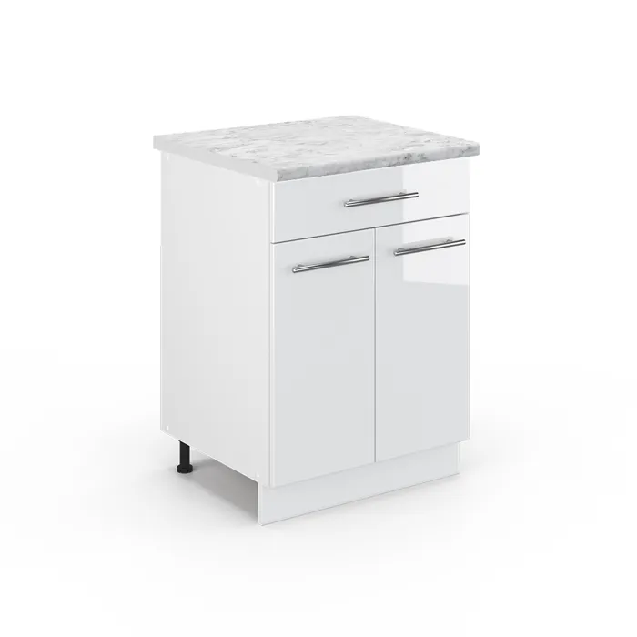Vicco Meuble cuisine Blanc Haute brillance/Blanc 60cm avec tiroir plan de travail Marbre