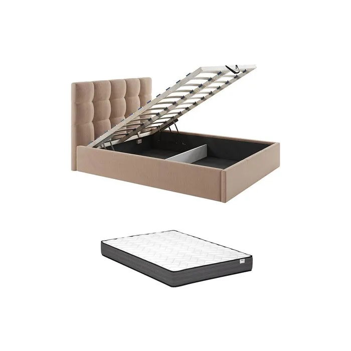 Lit coffre 160 x 200 cm - Velours - Beige + Matelas - MIRDAL